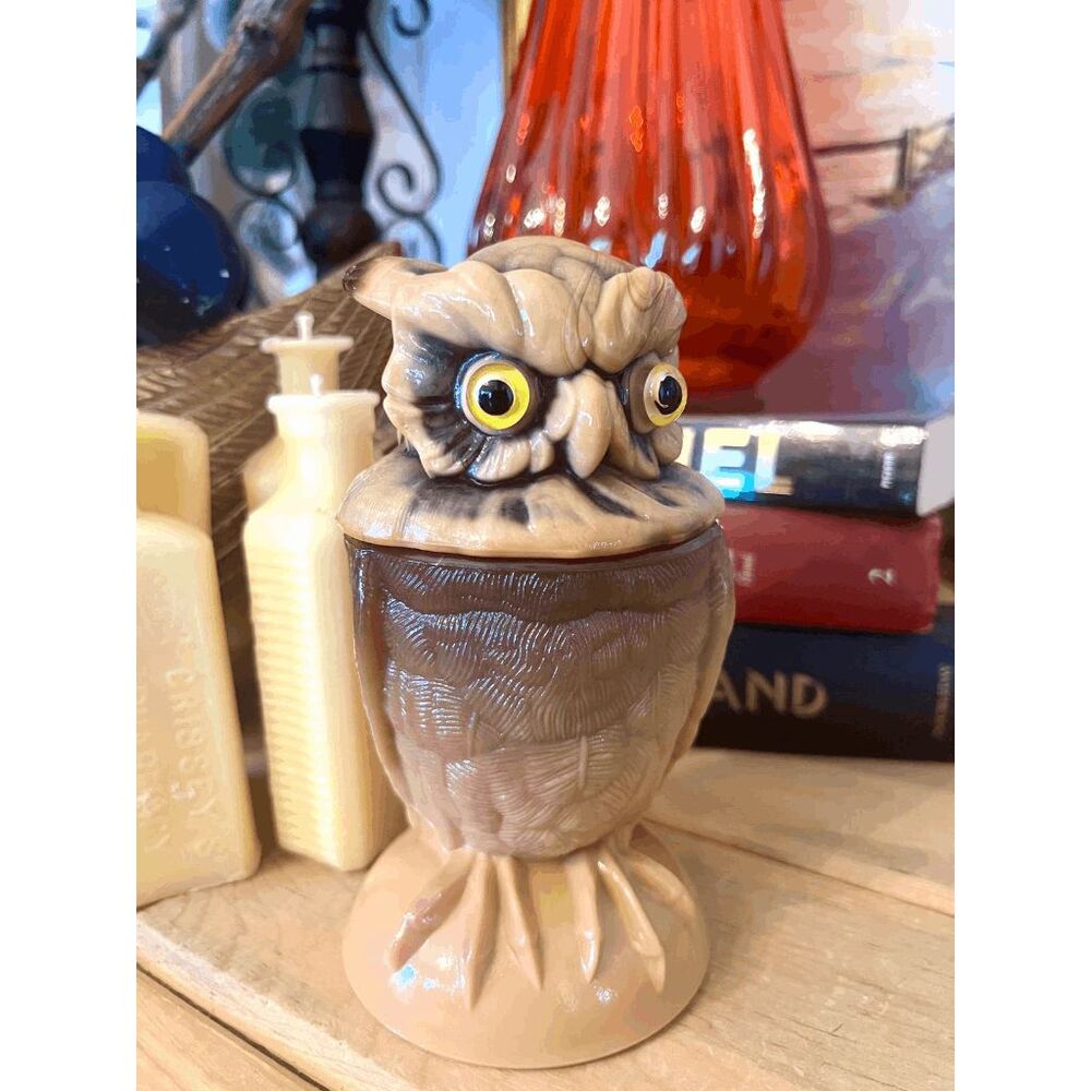 Vintage ALIG Imperial Glass End of Day Slag Owl Candy Dish, 1981-1982